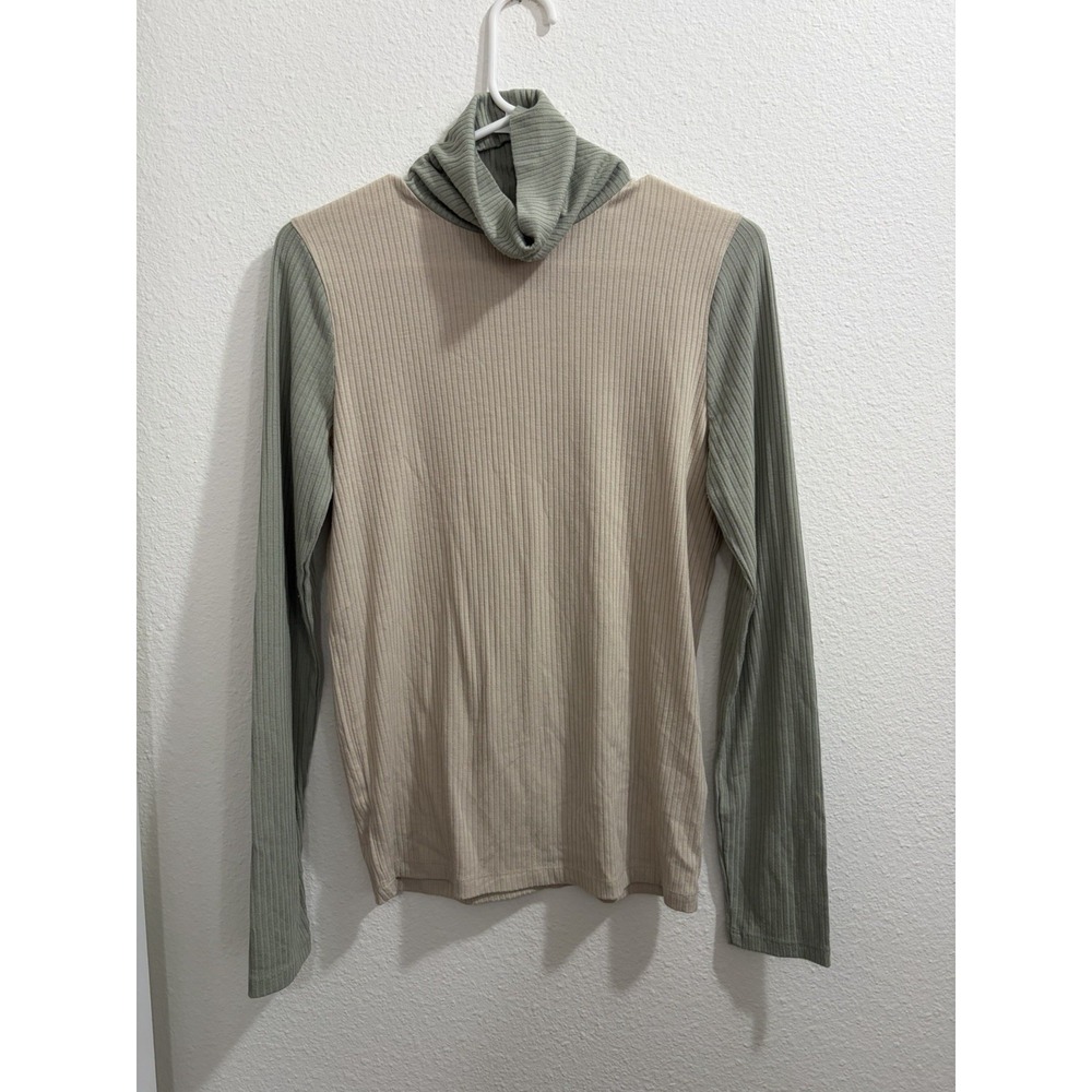 Madewell Shirt Womens M Green Cream Long Sleeve Turtle Neck Lightweight Color